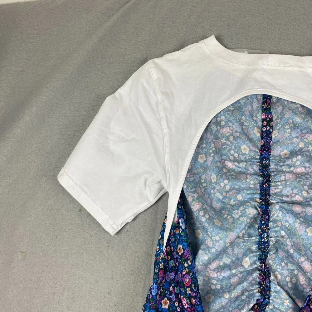 Sandro Lutetia Floral Print Mixed Media Top Open Back Tie Ruched Satin Blouse - Picture 4 of 13